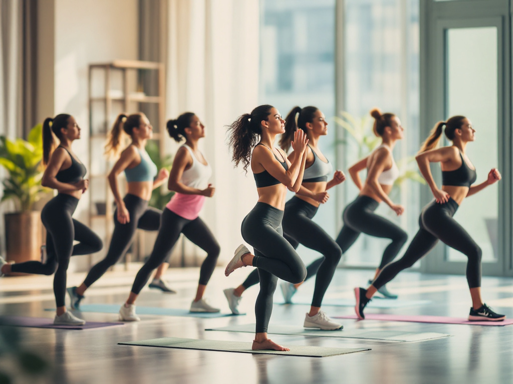 Diverse women exercising in different styles, including yoga and running, to represent cycle syncing workouts